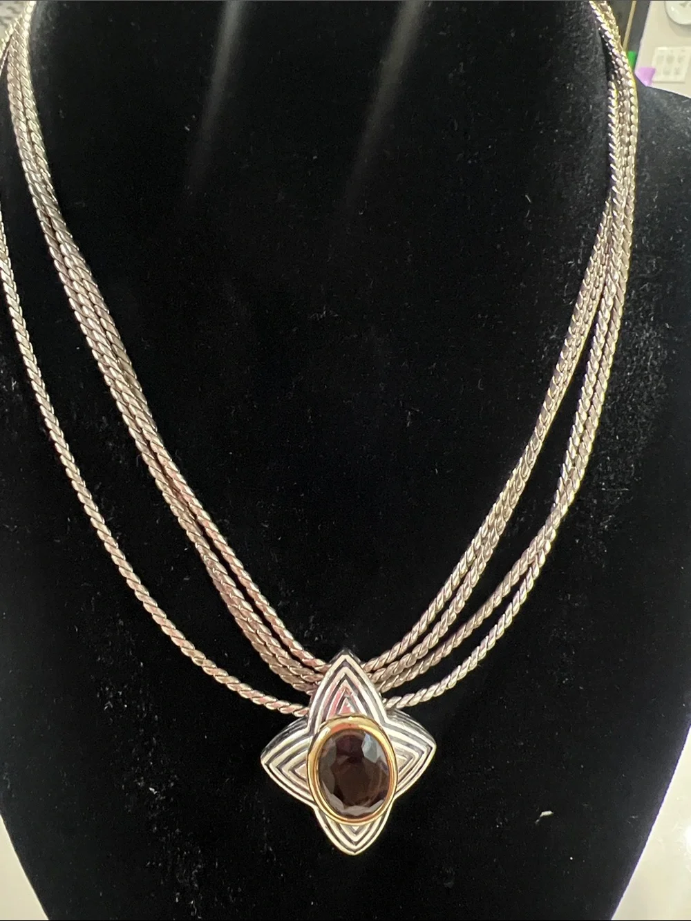 F#104-vintage Avon Smokey Glass Stone Multi-Strand Necklace
